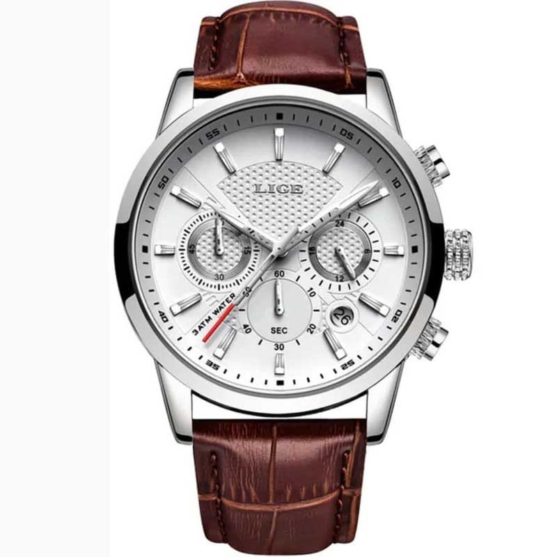 Reloj Lige cuarzo LG9866 plateado y blanco pulsera cuero café Reloj Lige cuarzo LG9866 plateado y blanco pulsera cuero café